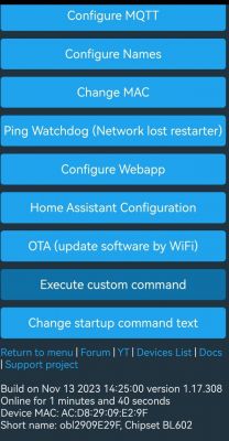 User interface with configuration options like MQTT, MAC change, and Home Assistant setup.