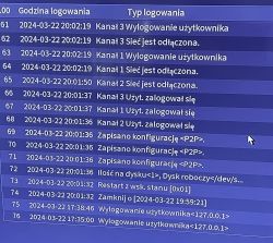Zrzut ekranu przedstawiający dziennik logowania z różnymi zdarzeniami.