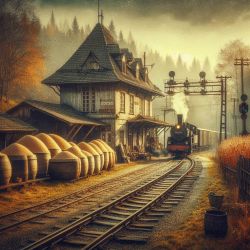 The image depicts a rural train station from the 1920s with a steam train in an autumn setting.
