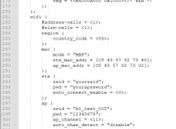 Devicetree Source code snippet with Wi-Fi configuration and MAC addresses.