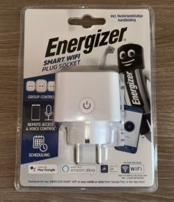 White Energizer Smart WiFi plug socket in packaging.