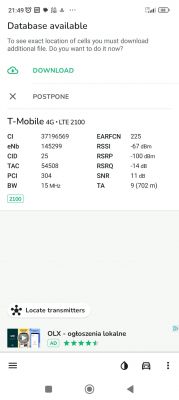 Zrzut ekranu z aplikacji mierzącej sygnał LTE 2100 od T-Mobile z wartościami parametru sygnału.