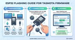 Infografika w 3 krokach: przygotowanie, podłączenie i flashowanie ESP32 dla Tasmota