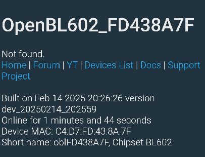 OpenBL602 device screen with Not found message