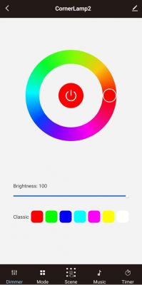 LED Lamp Control Interface in App App interface for controlling an LED lamp with a color wheel and brightness sliders.