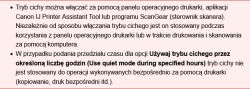 Zrzut ekranu z instrukcją o trybie cichym drukarki Canon, z dwoma punktami listy.