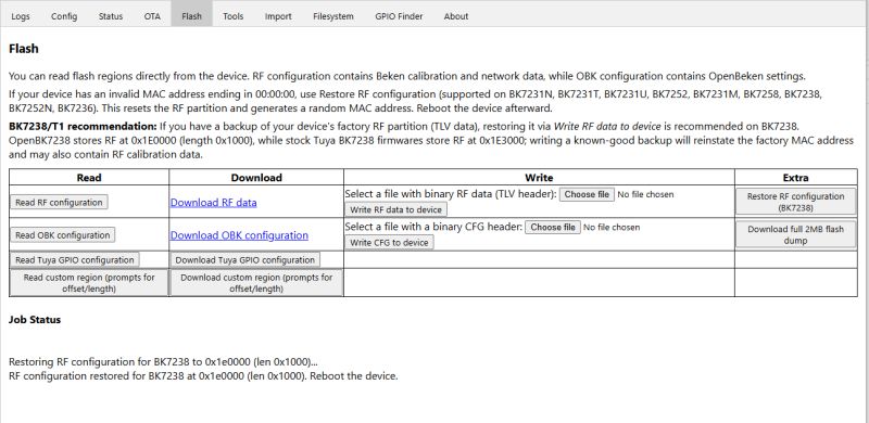 Screenshot of “Flash” tab with RF/CFG read/write options and BK7238 restore buttons