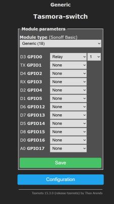 Screenshot of Tasmota-switch configuration showing GPIO list and a Relay setting