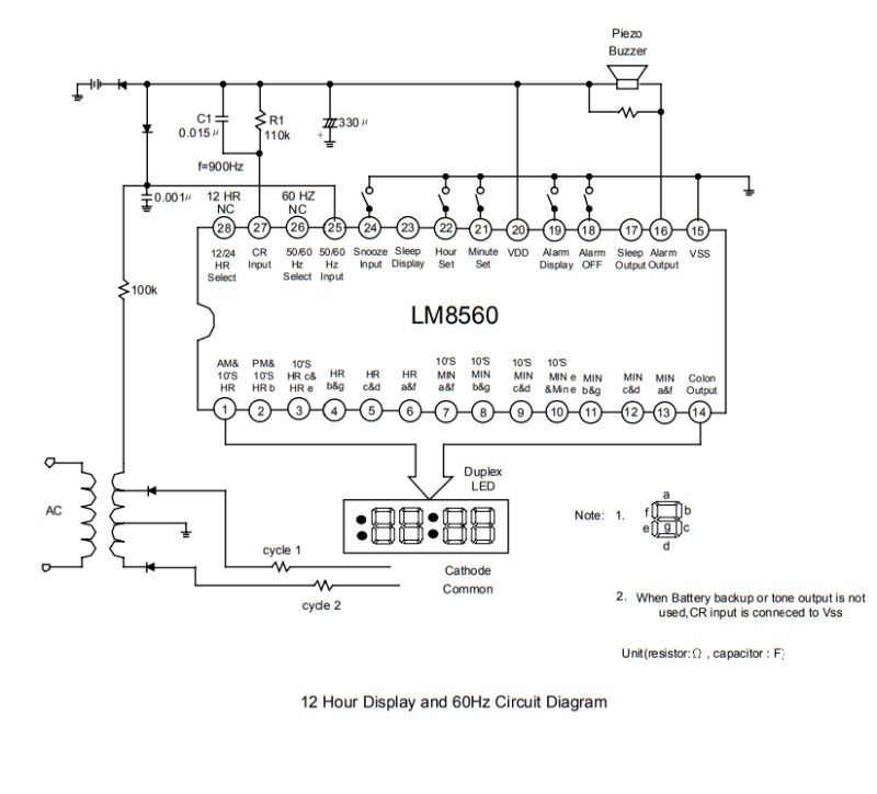 LM8560 circuit diagram for clock/alarm control and 7‑segment LED display multiplexing