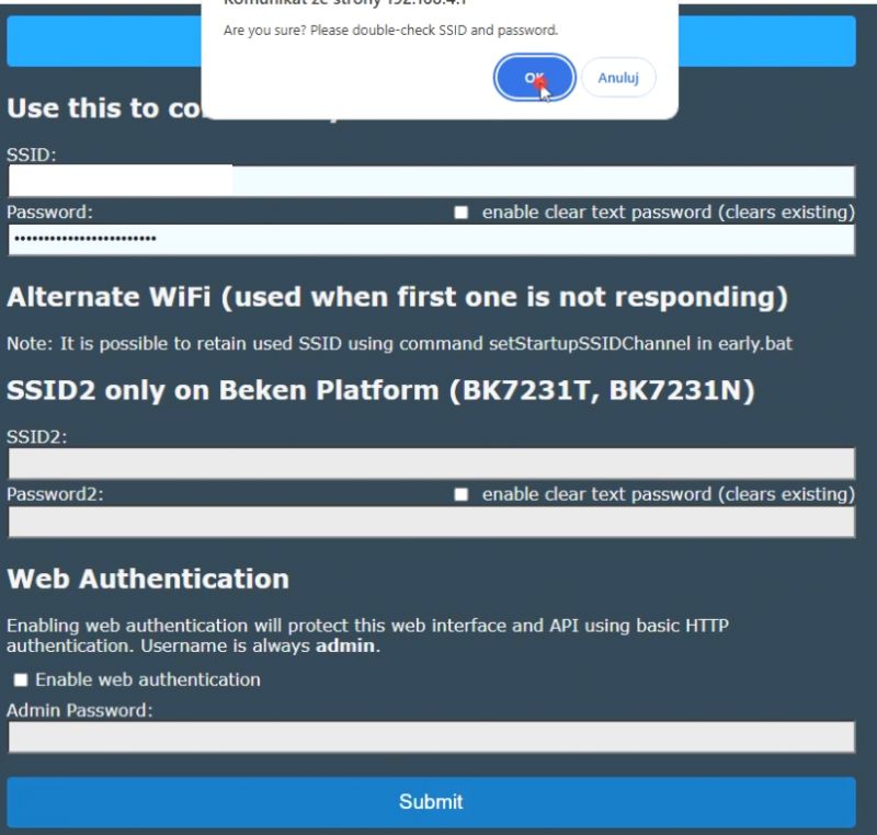 WiFi Configuration Change Confirmation Window Popup window asking to confirm SSID and WiFi password.