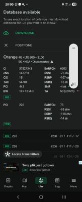 Zrzut ekranu z aplikacji NetMonster pokazujący parametry sieci Orange LTE i 5G