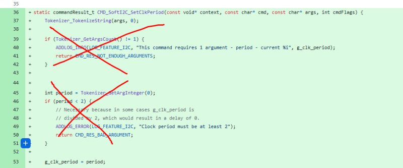 Screenshot of code editor showing modified C function CMD_SoftI2C_SetClkPeriod