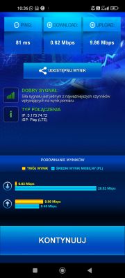 Zrzut ekranu wyników testu prędkości internetu z aplikacji mobilnej.