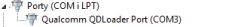Lista portów COM z widocznym Qualcomm QDLoader Port (COM3)