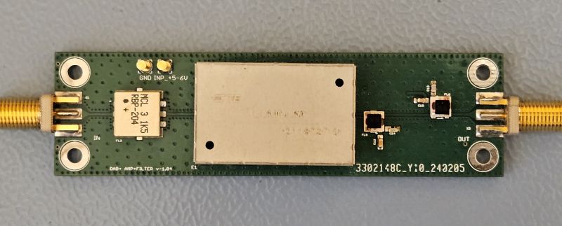 DAB Amplifier PCB with Mini-Circuits Components DAB receiver amplifier PCB with mounted components.