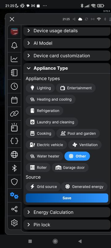 Device type settings screen in the Shelly app with Other option selected