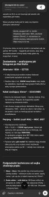 Zrzut ekranu rozmowy na temat instalacji car audio do Peugeota 407, pokazujący porady dotyczące alternatora, wzmacniaczy i okablowania.