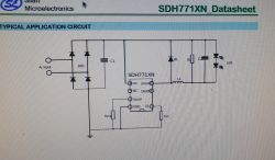 Schemat typowej aplikacji SDH771XN: mostek BD1, C1, L1, D1, R, C i diody LED.
