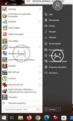 Zrzut ekranu menu start Windows 10 z programem StartIsBack z ikonami smutnej buzi.