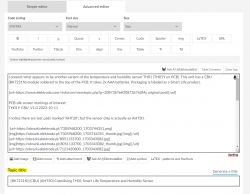 Screenshot of an advanced text editor displaying formatting options and sample text regarding a temperature and humidity sensor labeled TH01.