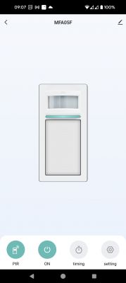 MFA05F Switch User Interface MFA05F motion sensor light switch interface on a phone screen with PIR, ON, timing, and setting icons.