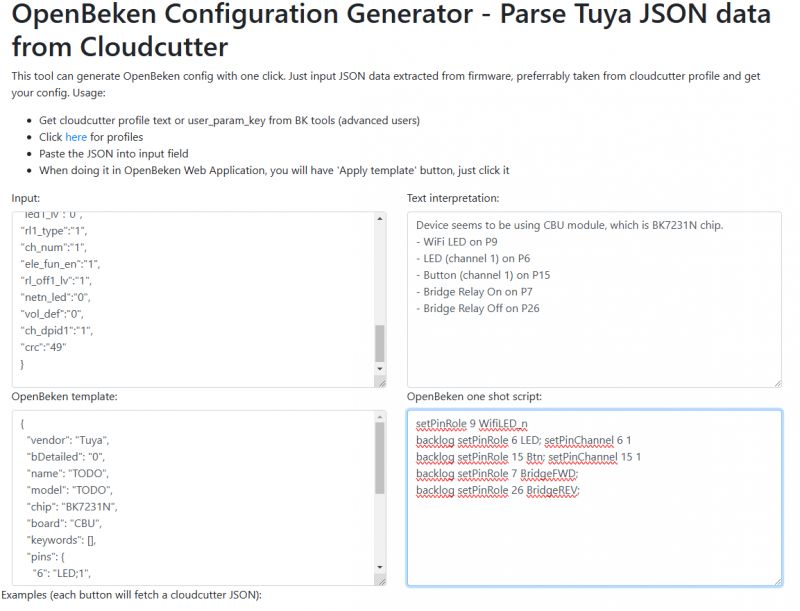 Screenshot of the OpenBeken Configuration Generator tool for generating configuration from JSON.