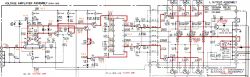 Schemat wzmacniacza Pioneer A-88X z naniesionymi napięciami.