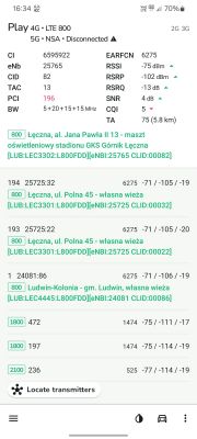 Zrzut ekranu aplikacji z informacjami o sieci komórkowej, pokazujący szczegóły połączenia 4G LTE 800 i dostępnych nadajników.