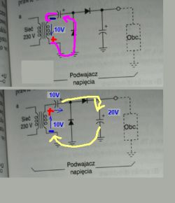 Schemat podwajacza napięcia z zaznaczonymi kierunkami przepływu prądu i napięciami