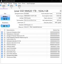 Zrzut ekranu z programu CrystalDiskInfo pokazujący stan dysku Lexar SSD NM620.