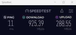 Zrzut ekranu wyniku Speedtest z pingiem 11 ms, pobieraniem 925,39 Mbps i wysyłaniem 288,55 Mbps.