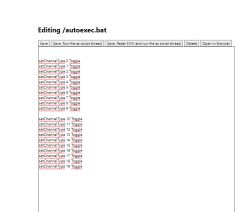Screenshot of editing /autoexec.bat with a list of setChannelType commands and a save button.