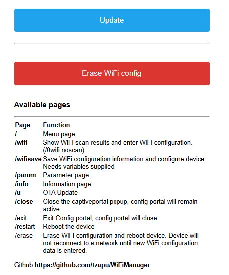 WiFiManager User Interface WiFiManager user interface with update and erase WiFi config options