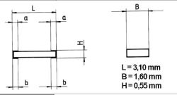 Schematyczny rysunek obudowy SMD 1206 z wymiarami: długość 3,10 mm, szerokość 1,60 mm, wysokość 0,55 mm.