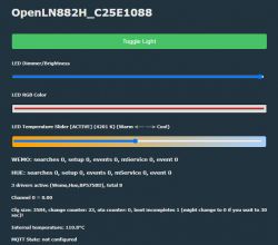 Screenshot of an LED light control interface with sliders for brightness, RGB color, and temperature, along with diagnostic data.