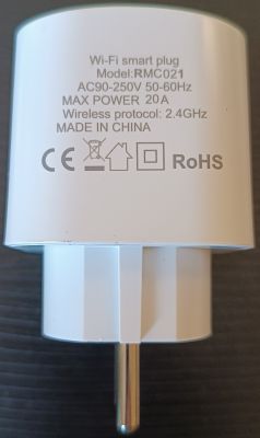 Wi-Fi smart plug model RMC021 with technical specifications on the casing.