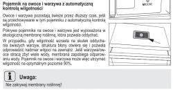Instrukcja obsługi pojemnika na owoce i warzywa z kontrolą wilgotności w lodówce.