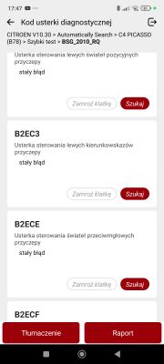 Ekran diagnostyczny z błędami świateł przyczepy w Citroenie C4 Picasso
