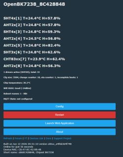 Screenshot of OpenBK7238 dashboard listing temperature and humidity readings from multiple sensors