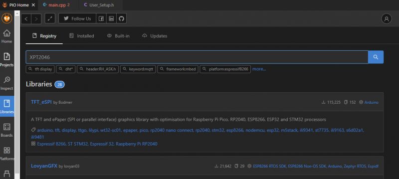 PlatformIO - XPT2046 Library Search PlatformIO interface with XPT2046 library search