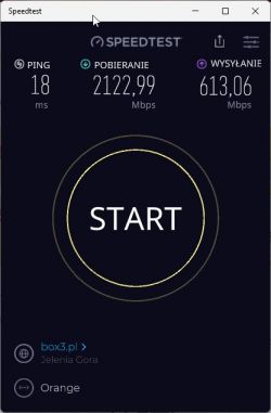 Zrzut ekranu testu prędkości internetowej z wynikami: ping 18 ms, pobieranie 2122,99 Mbps, wysyłanie 613,06 Mbps.