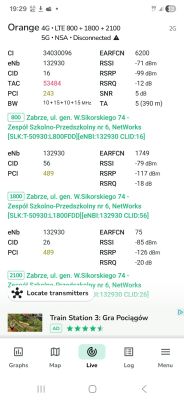 Zrzut ekranu z aplikacji pokazujący parametry sieci 4G Orange w Zabrzu