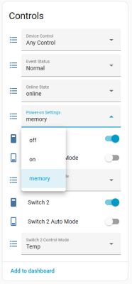 Device control panel with dropdown for Power-on Settings and multiple toggle switches