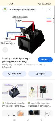 Przełącznik kołyskowy z oznaczeniami linii zasilającej i odbiornika.