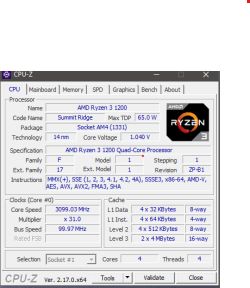 Zrzut ekranu CPU-Z pokazujący specyfikację procesora AMD Ryzen 3 1200