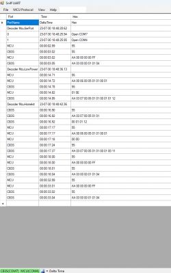 Sniff UART program window displaying serial communication logs between MCU and CB3S module with decoded HEX data.