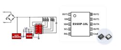 AC/DC circuit diagram and KP18068 ESSOP‑10L pinout showing OUT1–OUT5, VIN, SDA, SCL, RSL, Cout