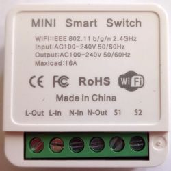 Back of MINI Smart Switch from Aliexpress Image of the back of a MINI Smart Switch with power specifications and certifications.