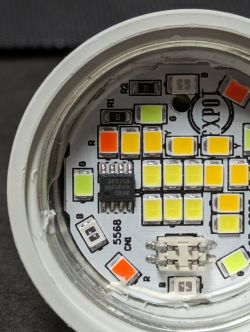 Interior of GU10 LED Bulb with BP5758 Chip Interior of a GU10 LED bulb showing LED diodes and BP5758 module.