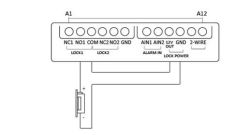 Schemat podłączenia elektrozaczepu do złącza LOCK1 bez zewnętrznego zasilacza
